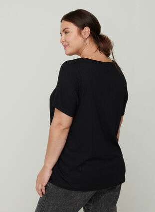 Ensfarvet rib t-shirt med korte ærmer, Black, Model image number 1