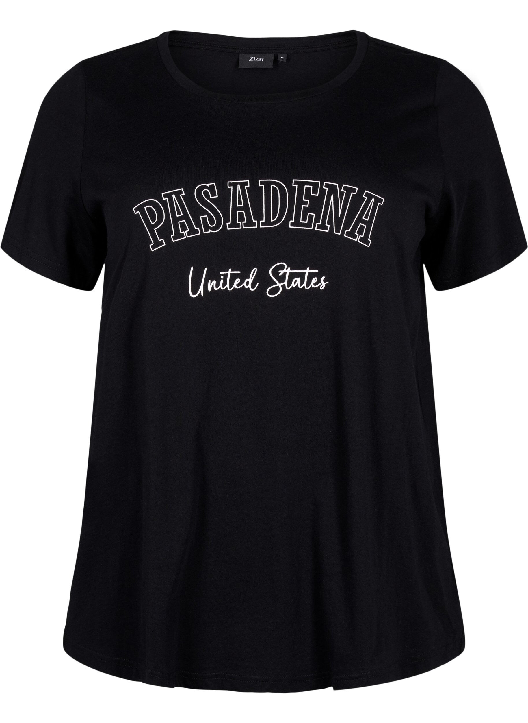 Zizzi Bomulds t-shirt med tekst, Black W. Pasadena, Packshot image number 0