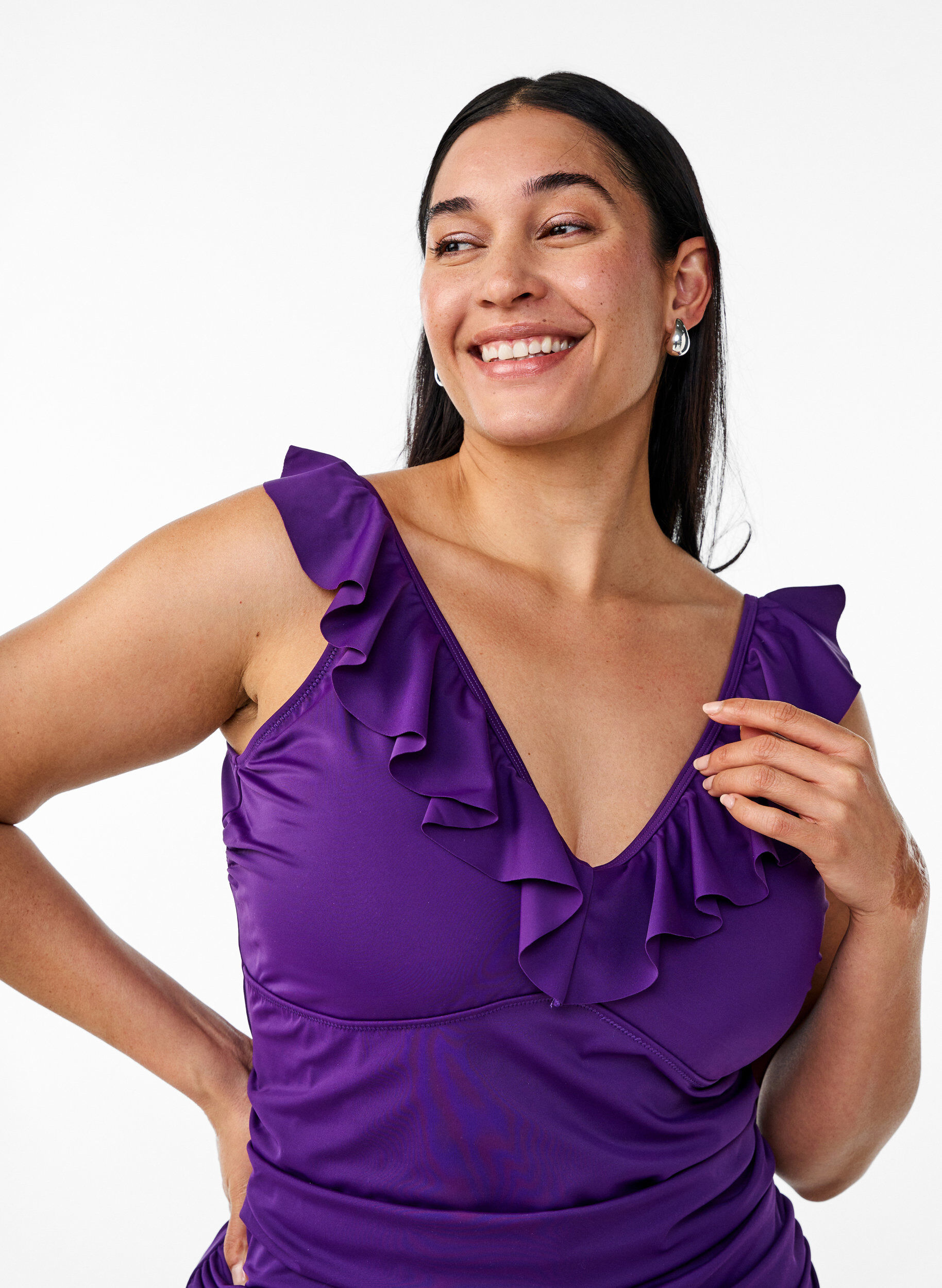 Zizzi Badedragt med fl&aelig;ser og udtagelige indl&aelig;g, Lilla, Model image number 2