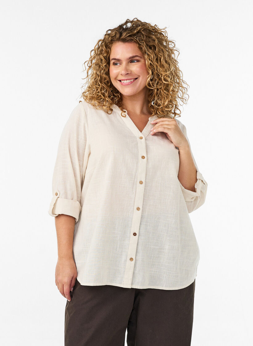 Skjortebluse i bomuld med v-udsk&aelig;ring, Vanilla, Model image number 0