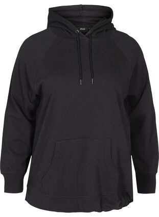 Bomulds sweatshirt med hætte og lomme, Black, Packshot image number 0