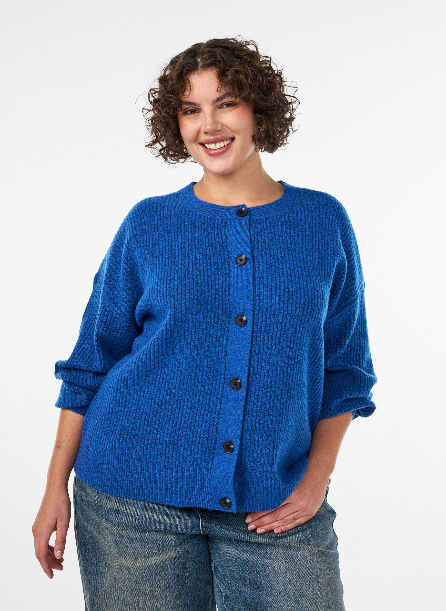 ZizziRibstrikket cardigan med knapper, Bl&aring;, Model image number 0