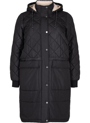 Quiltet jakke med hætte og justerbar talje, Black, Packshot image number 0