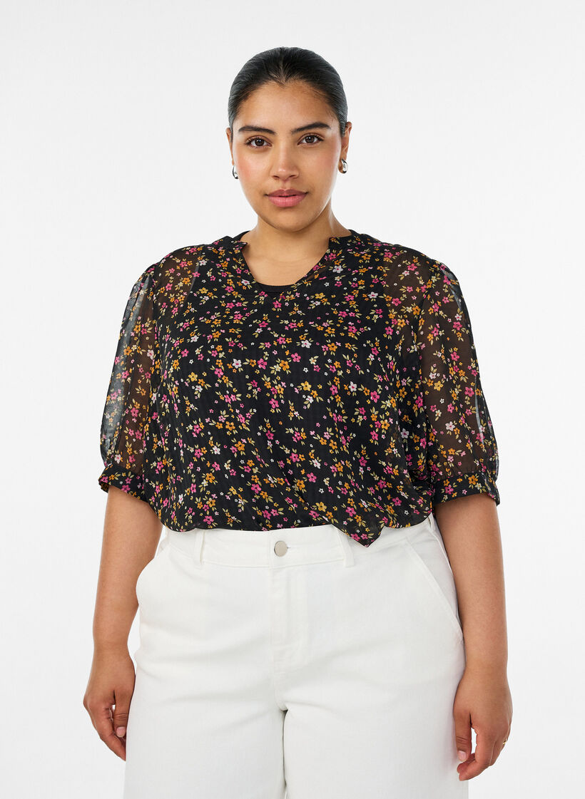 Bluse med blomsterprint og V-udsk&aelig;ring, Sort, Model image number 0