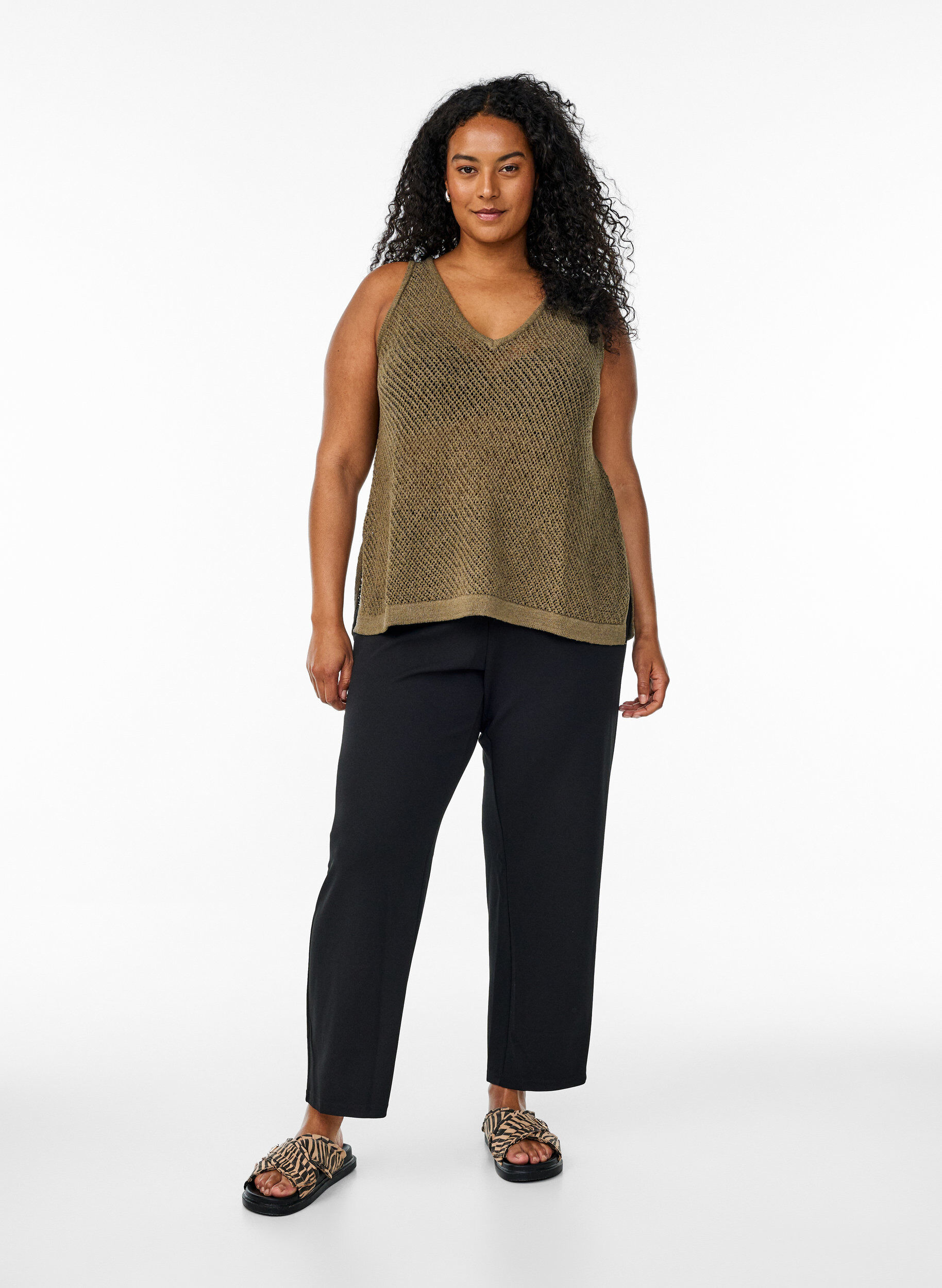 Zizzi FLASH - &AElig;rmel&oslash;s strikket top med v-hals, Gr&oslash;n, Model image number 1