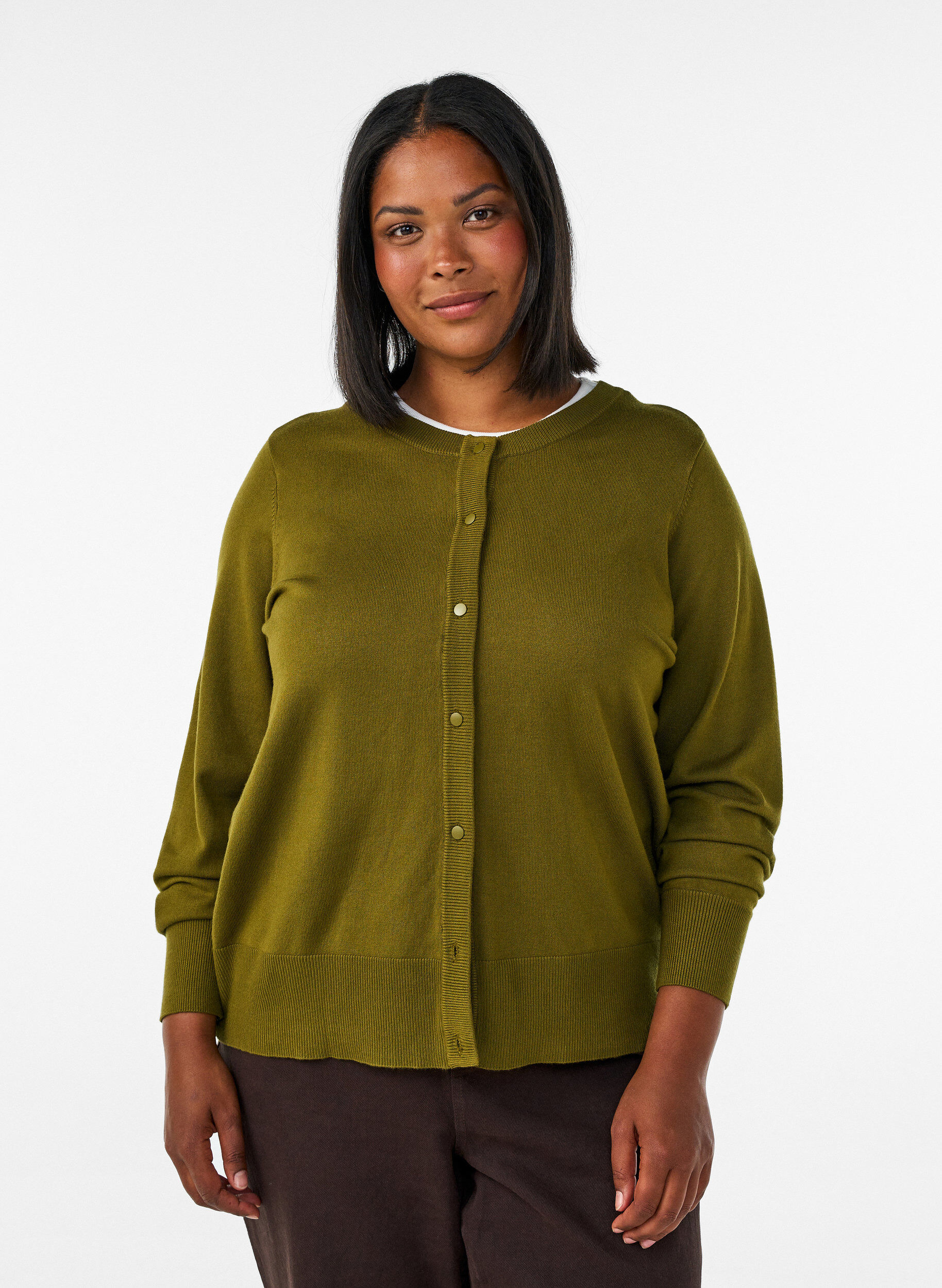 Strikcardigan med rund hals og knapper, Gr&oslash;n, Model