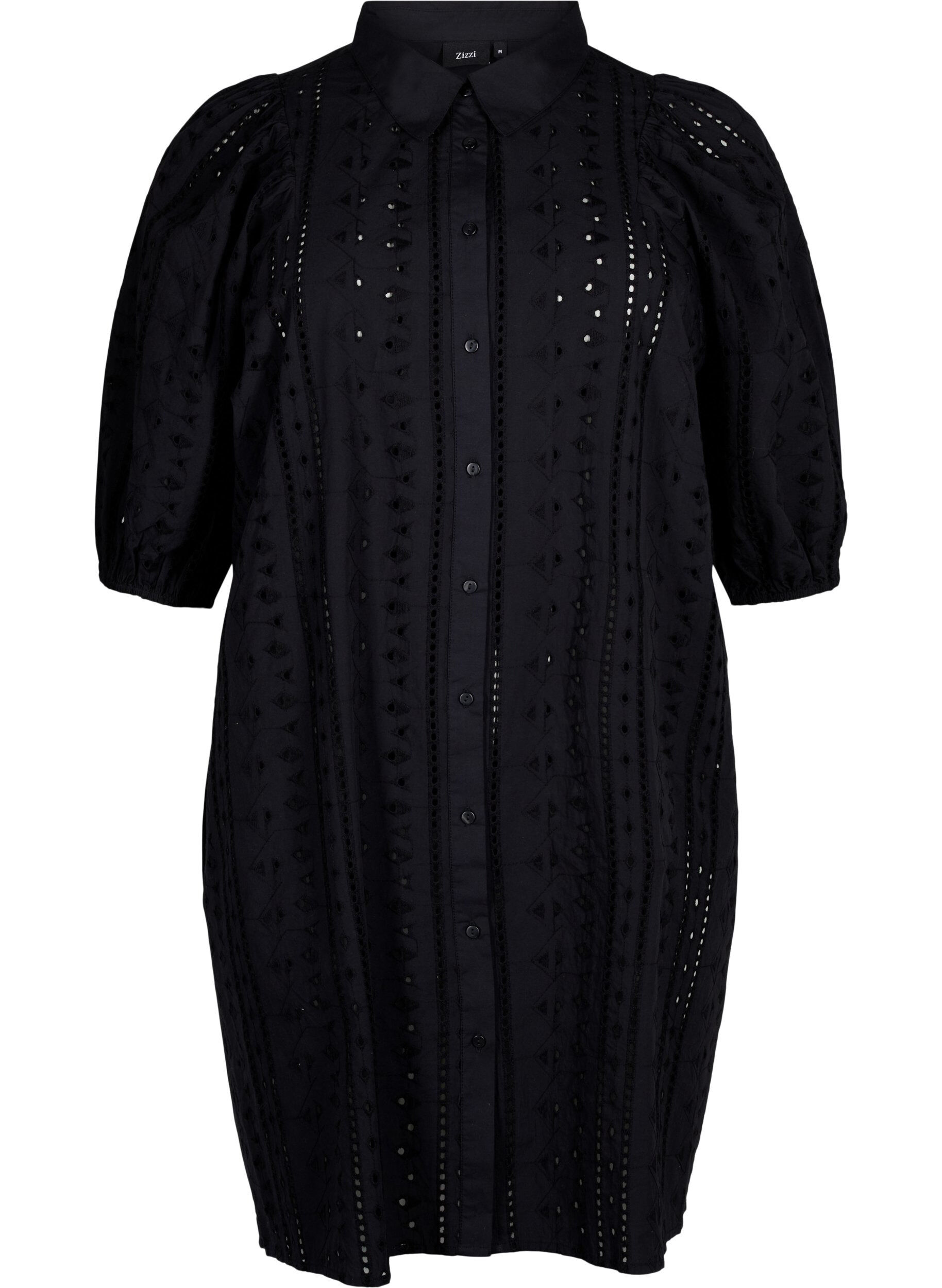 Zizzi Skjortekjole i bomuld med broderi anglaise, Black, Packshot image number 0