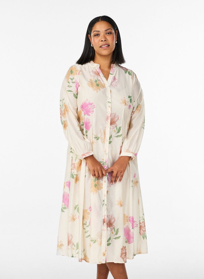 Blomstret midikjole med fl&aelig;sekrave og knaplukning, Beige, Model image number 0
