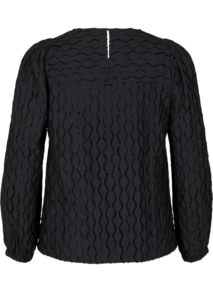 Langærmet bluse med mønster og V-hals, Black, Packshot image number 1