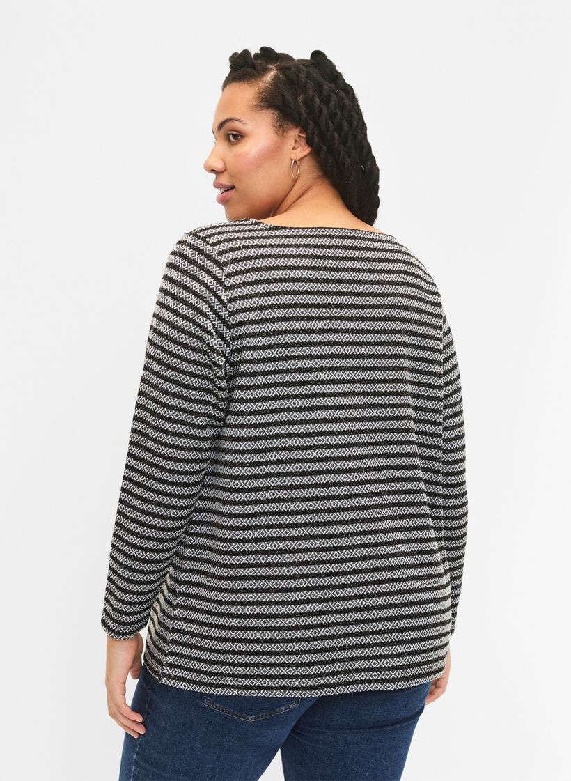 Bluse med rund hals og stribet mønster, Black Stripe, Model image number 1