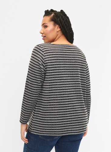 Bluse med rund hals og stribet mønster, Black Stripe, Model image number 1