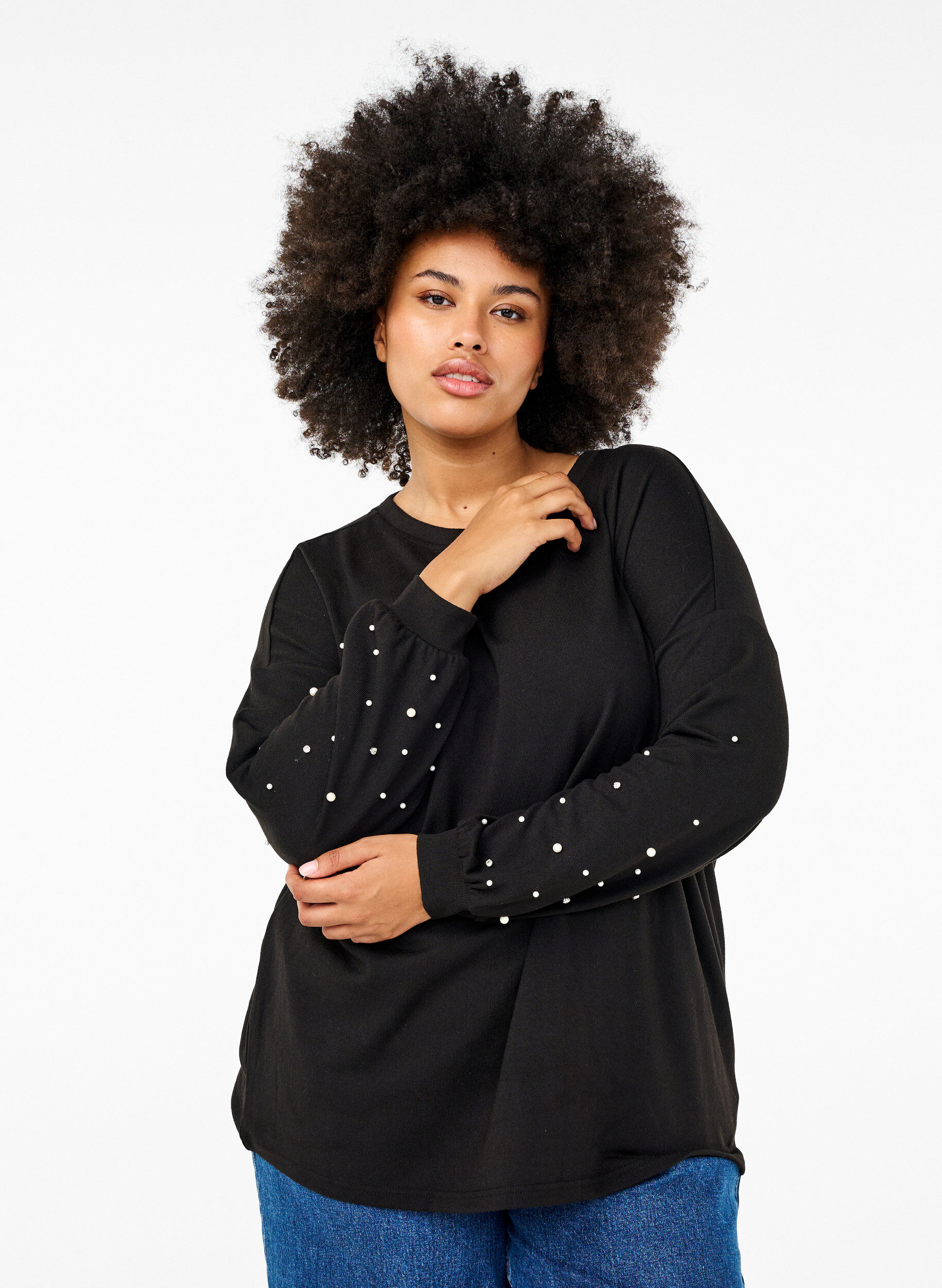 Zizzi Ensfarvet bluse med perler , Black, Model image number 0
