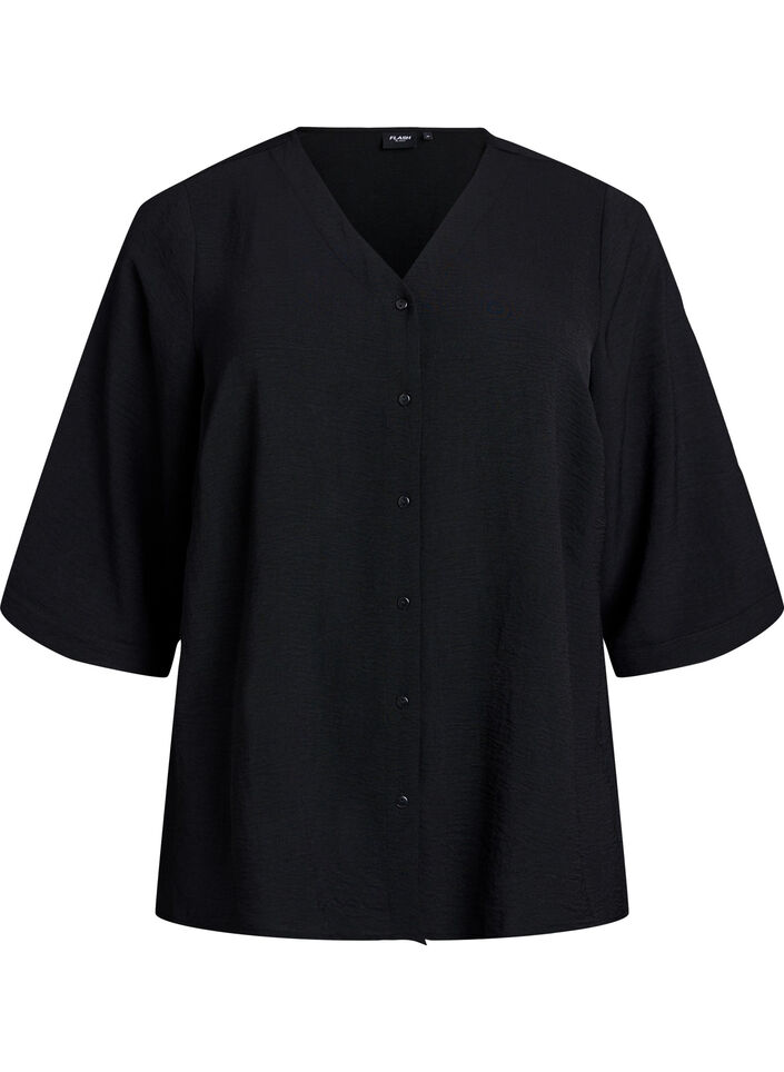 Skjortebluse med V-udsk&aelig;ring og 3/4-&aelig;rmer, Sort, Packshot image number 0