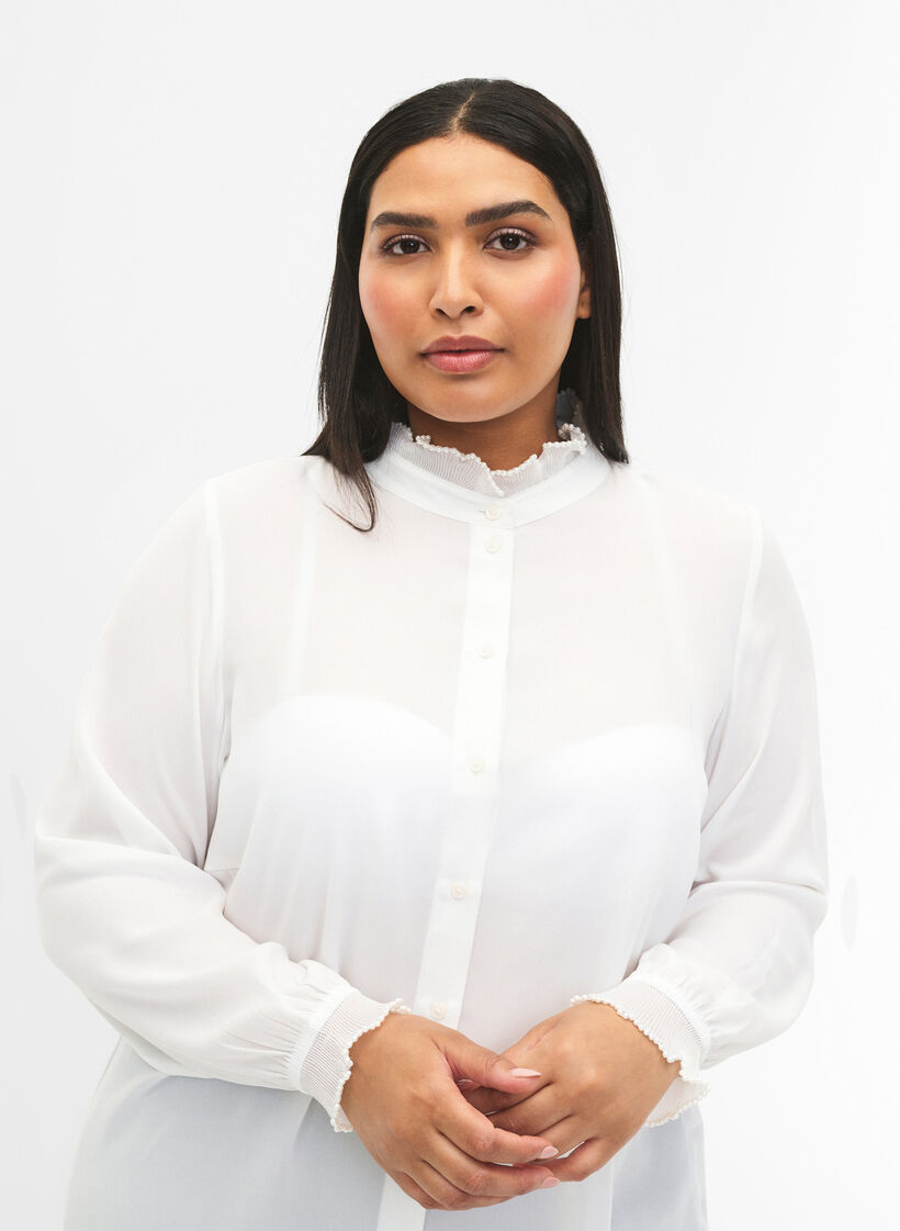Skjortebluse med flæsedetaljer, Bright White, Model image number 3