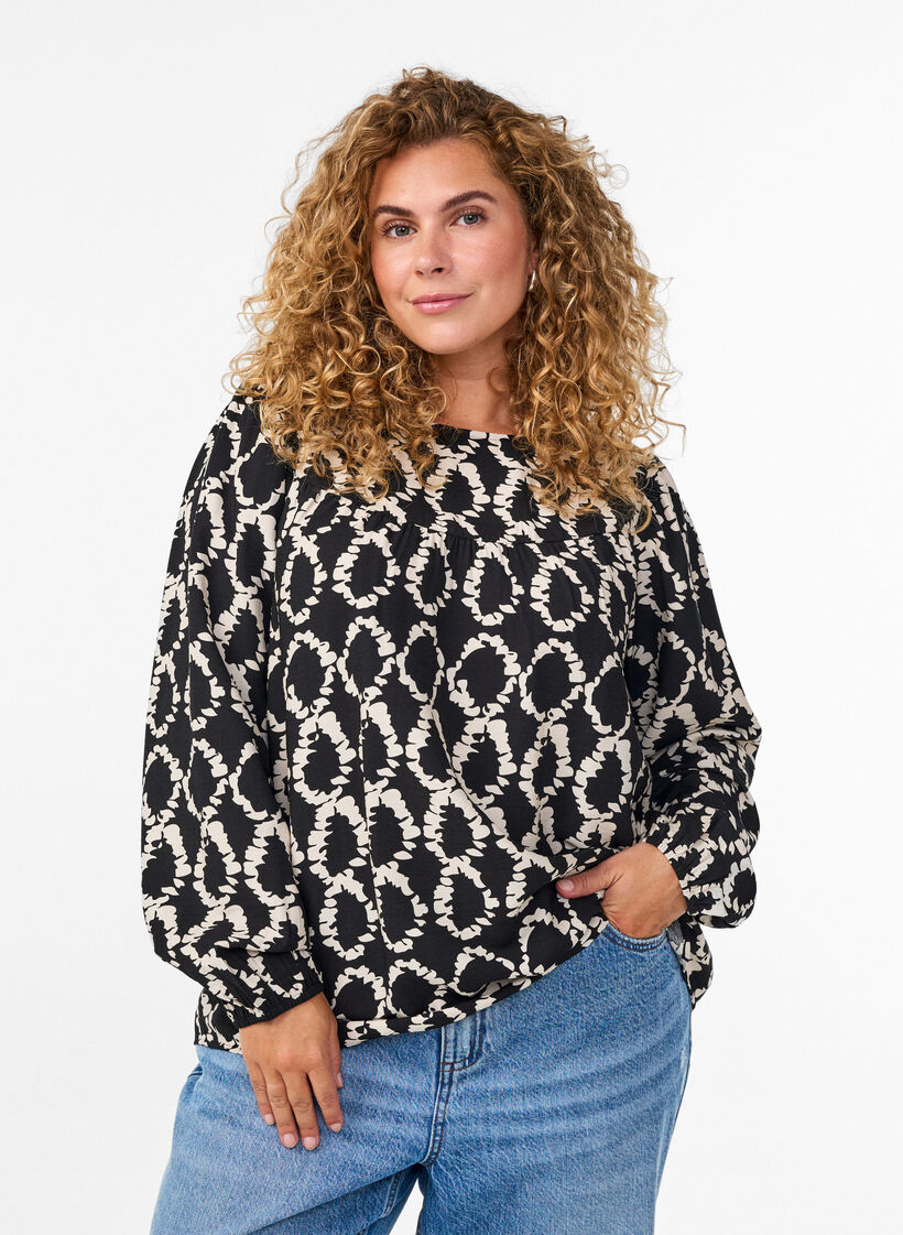 Langærmet bluse med print og sløjfer, Sort, Model image number 0