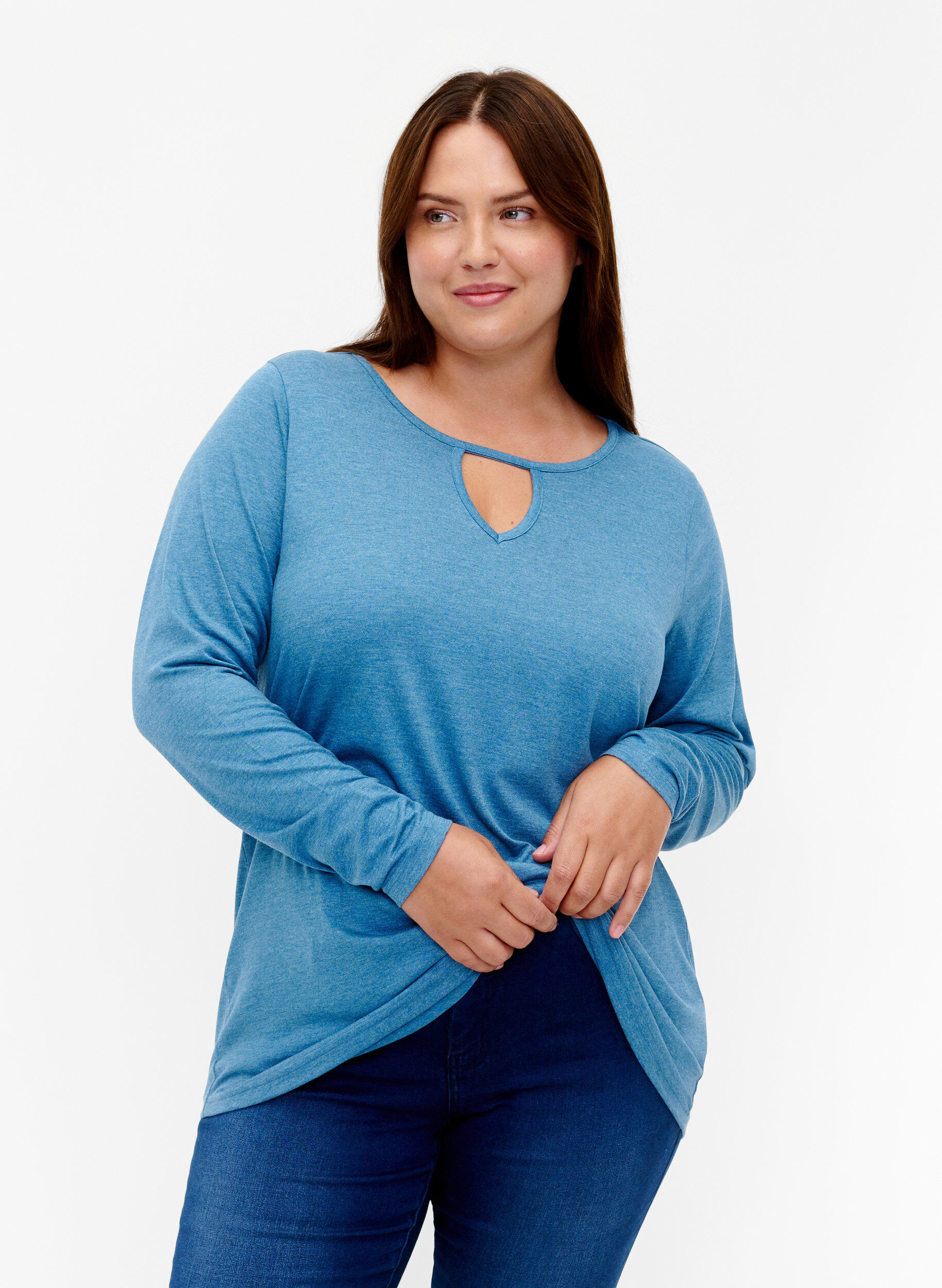 Zizzi Meleret bluse med lange &aelig;rmer, Legion Blue Mel., Model image number 0