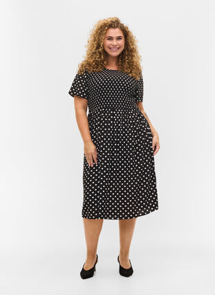 Printet viskose kjole med smock, Black Dot, Model image number 2