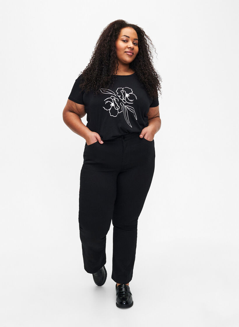 Bomulds t-shirt med motiv, Black w. Flower, Model image number 2