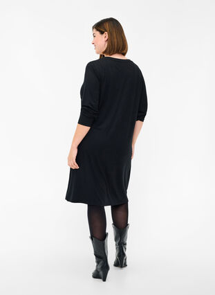 Ensfarvet kjole med v-hals og lange ærmer, Black, Model image number 1