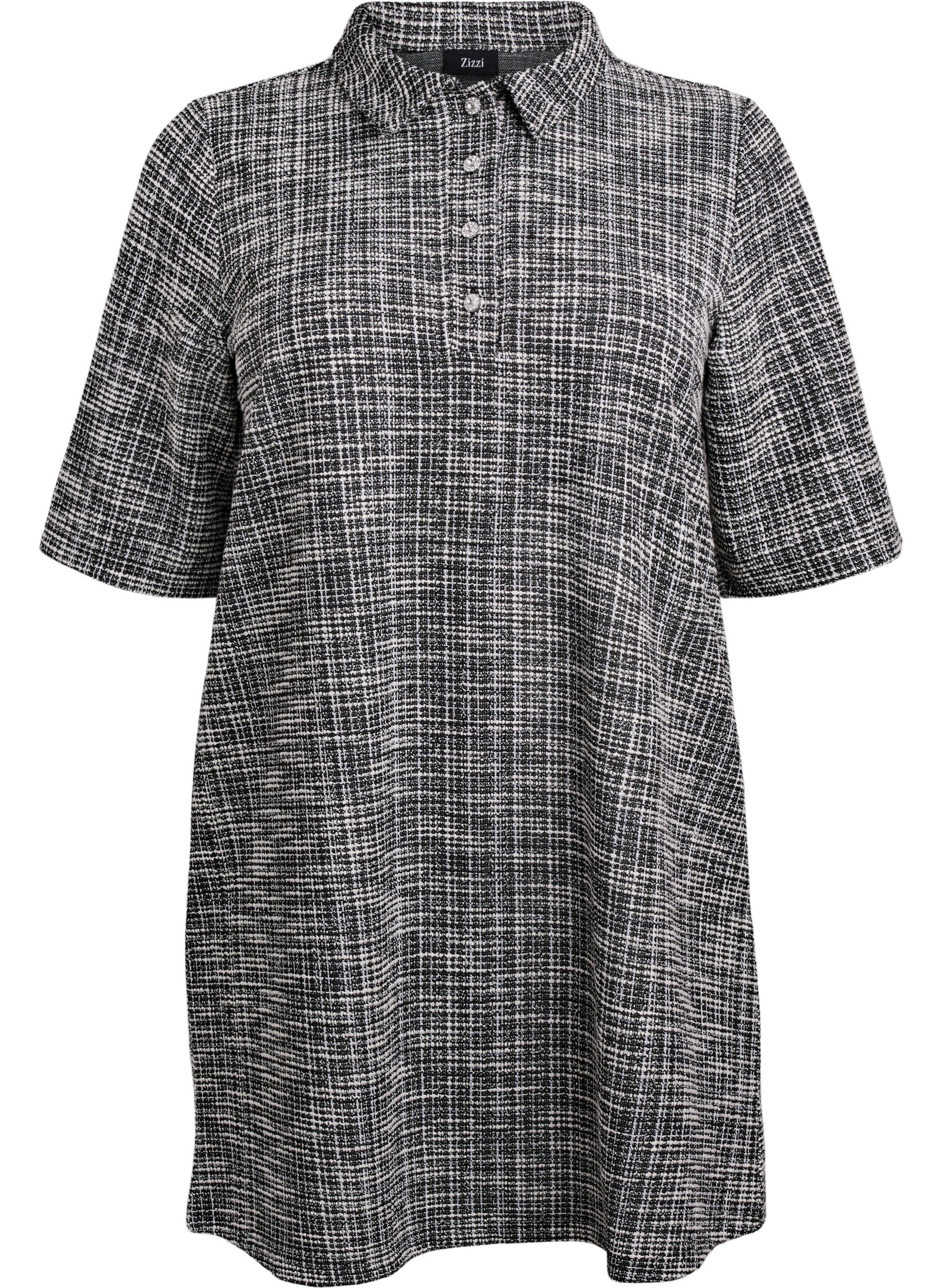 Zizzi Kort kjole i struktureret jersey med grafisk tern, Off White Check, Packshot image number 0