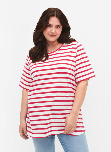 Stribet bomulds t-shirt, Bright Rose Stripes, Model image number 0