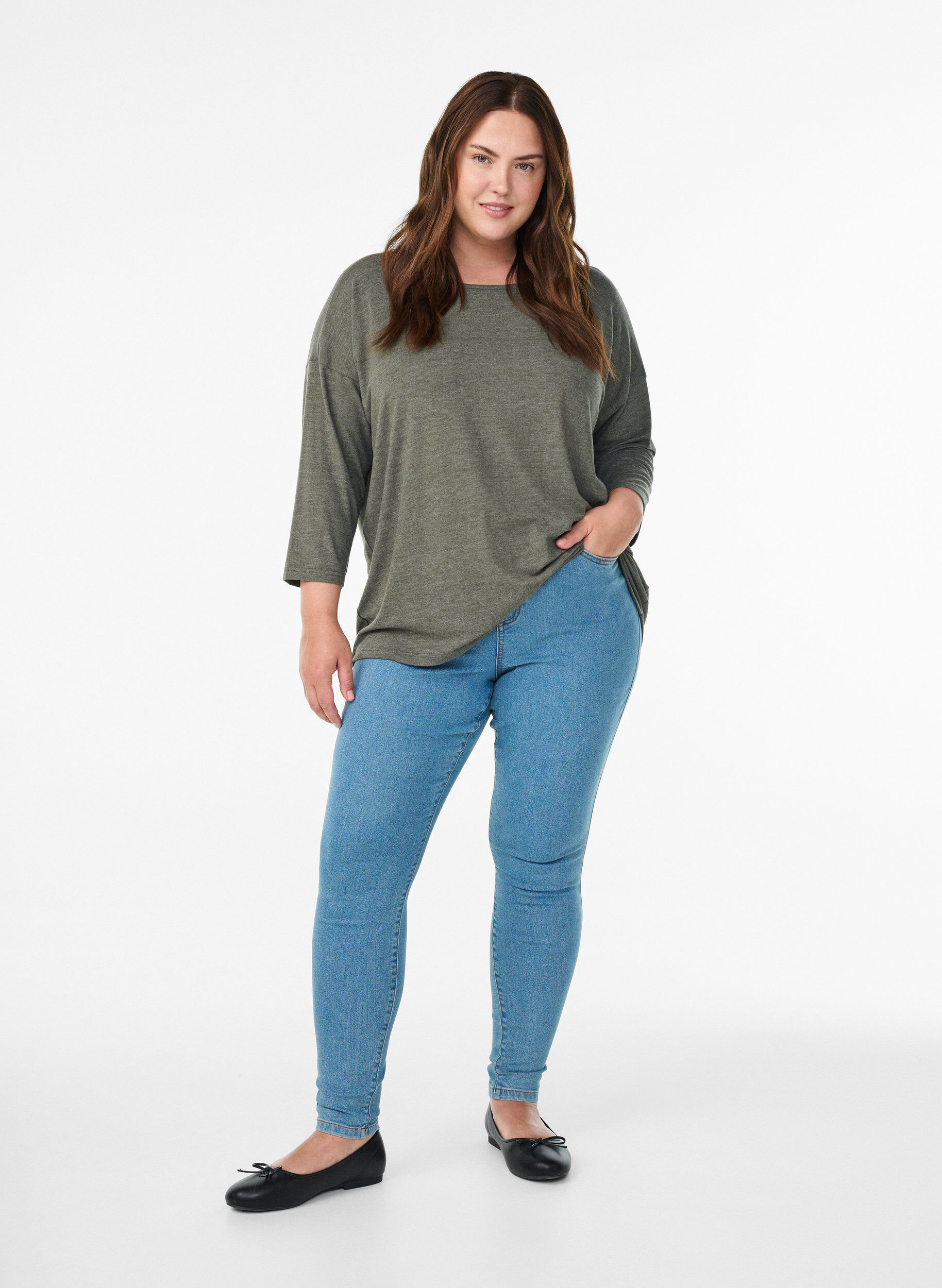 ZizziJerseybluse med 3/4 &aelig;rmer, Gr&oslash;n, Model image number 1
