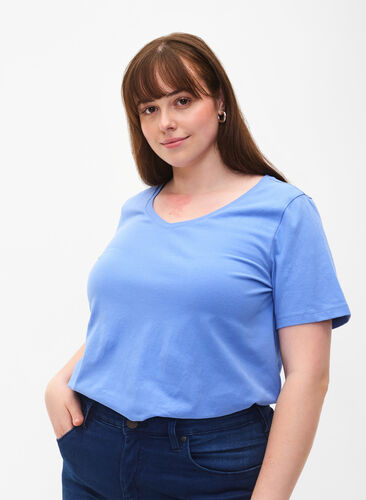 Ensfarvet basis t-shirt i bomuld, Blue Bonnet, Model image number 0