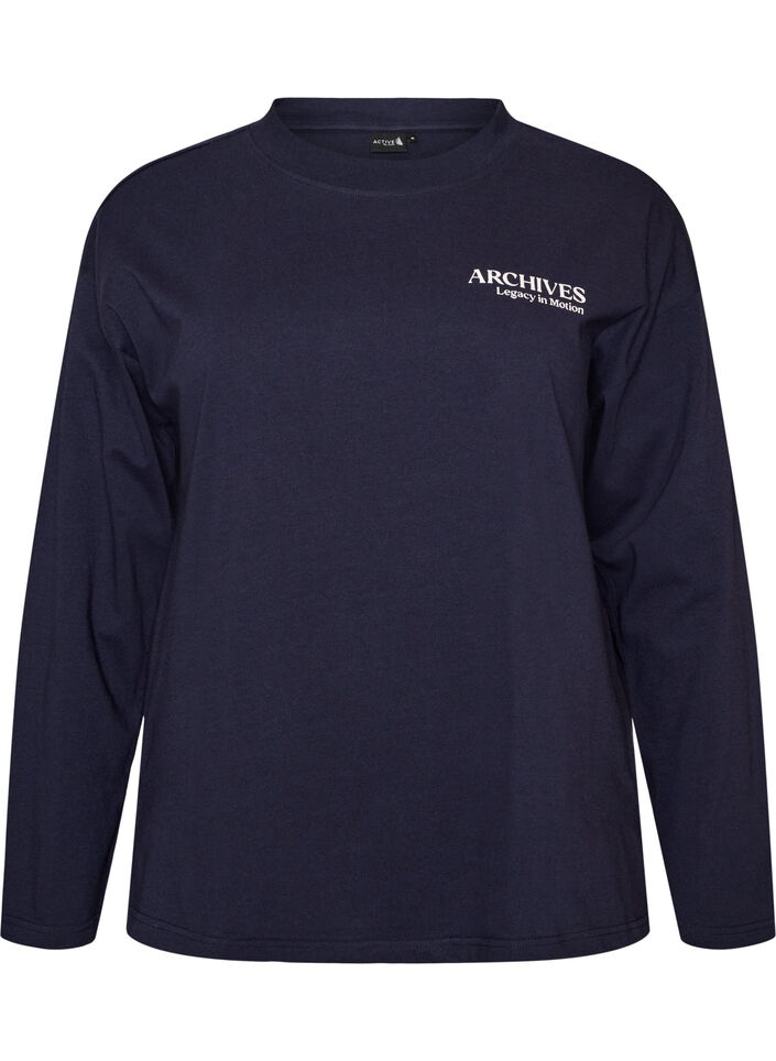 Lang&aelig;rmet jerseybluse med tekstprint, Bl&aring;, Packshot image number 0