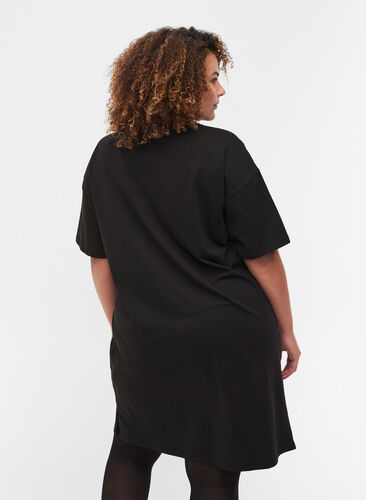 T-shirt kjole i bomuld med printdetaljer, Black w. Gold, Model image number 1