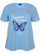 T-shirt i bomuld med frontprint og V-hals, Bl&aring;, Packshot image number 0