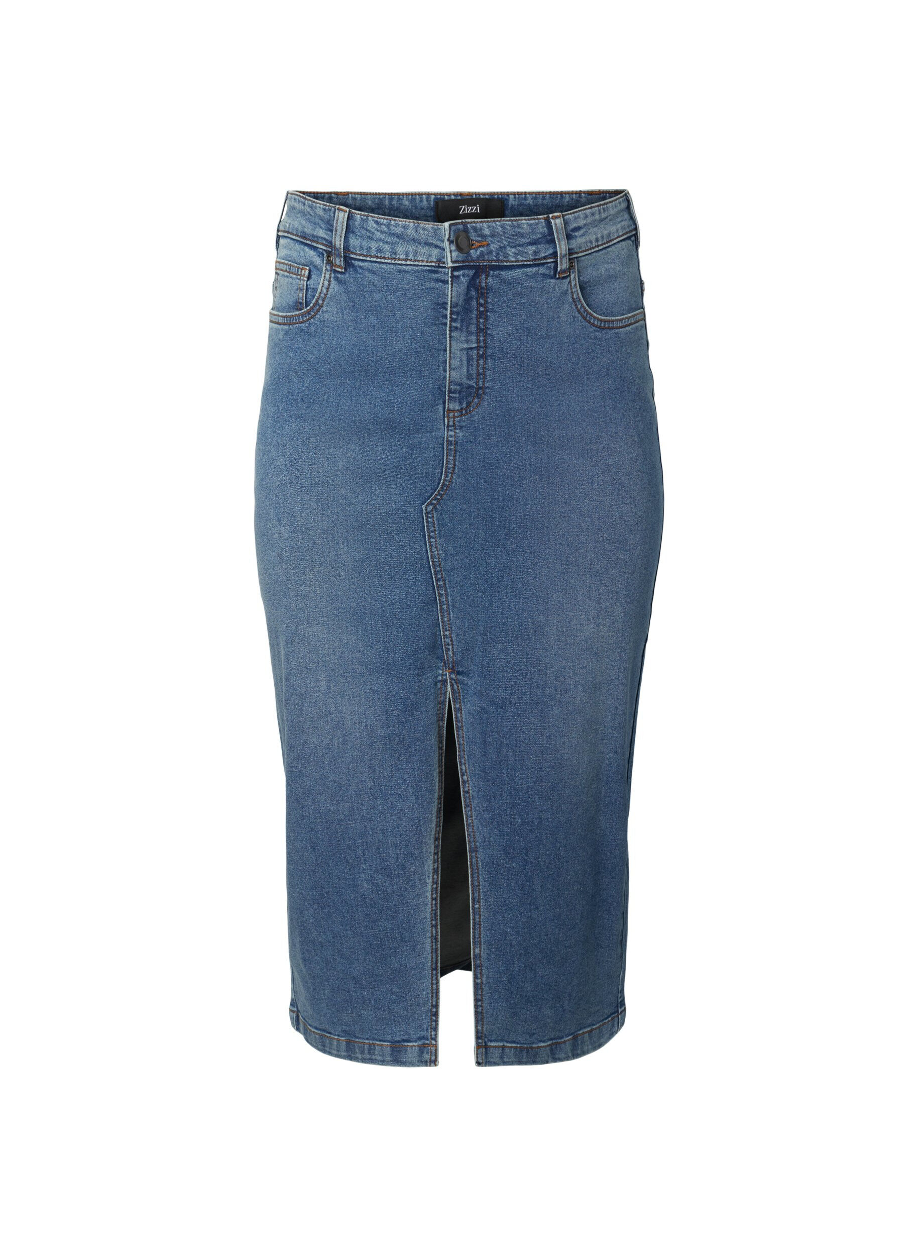 Zizzi Denim nederdel med slids foran, Blue denim, Packshot image number 0