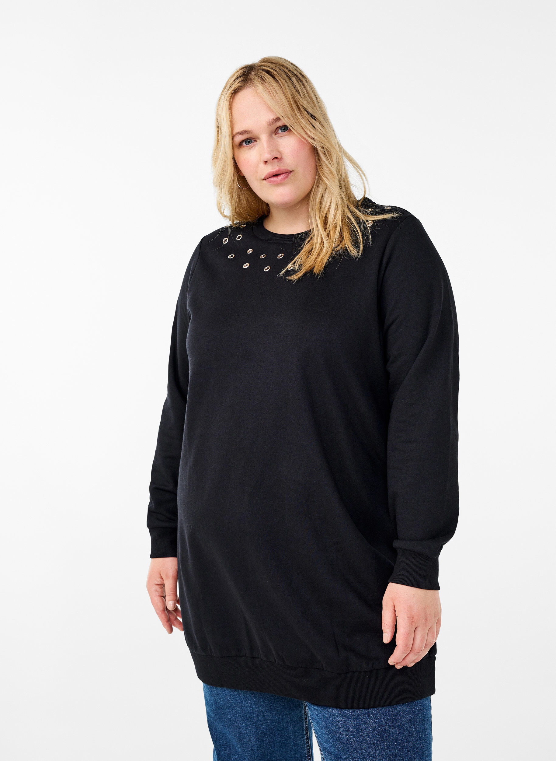 Zizzi Sweat tunika med eyelets, Black, Model image number 0