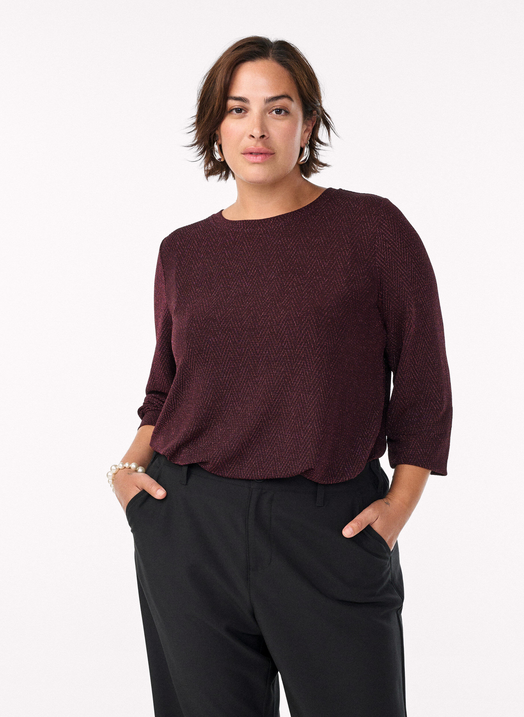 Bluse med sildebensm&oslash;nster og glittertr&aring;d, M&oslash;rk Bordeaux, Model