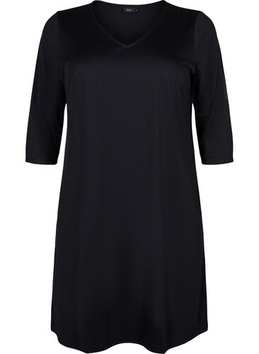 Ensfarvet kjole med v-hals og 3/4 ærmer, Black, Packshot image number 0