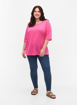 Bluse med 3/4 ærmer, Shocking Pink, Model image number 2