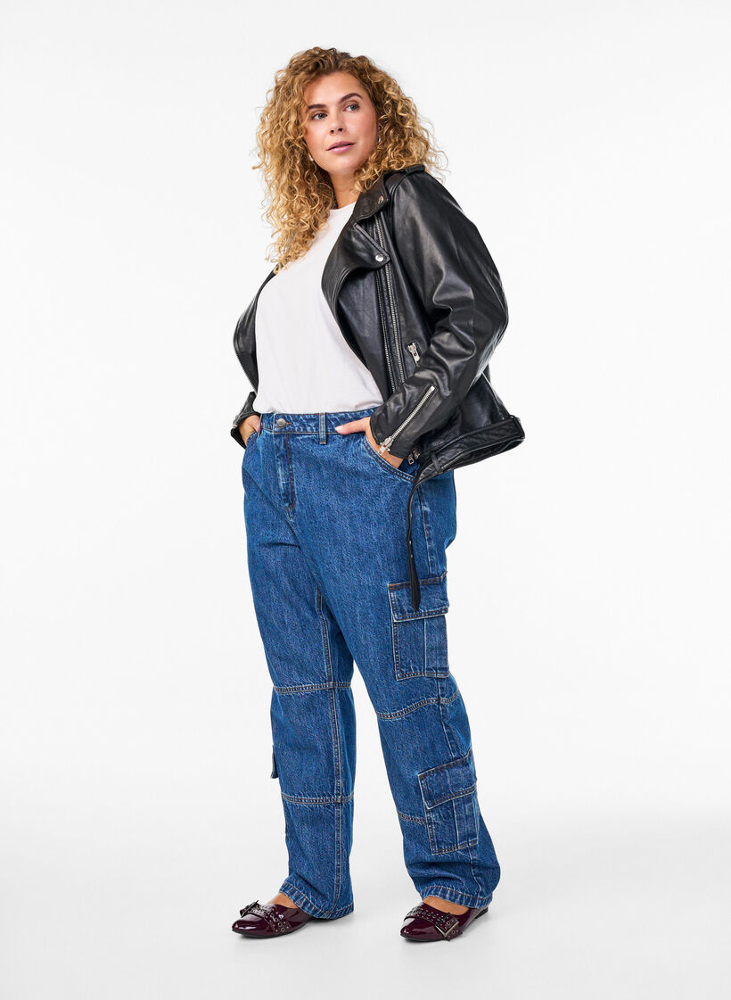 L&aelig;der bikerjakke med b&aelig;lte, Sort, Model image number 1