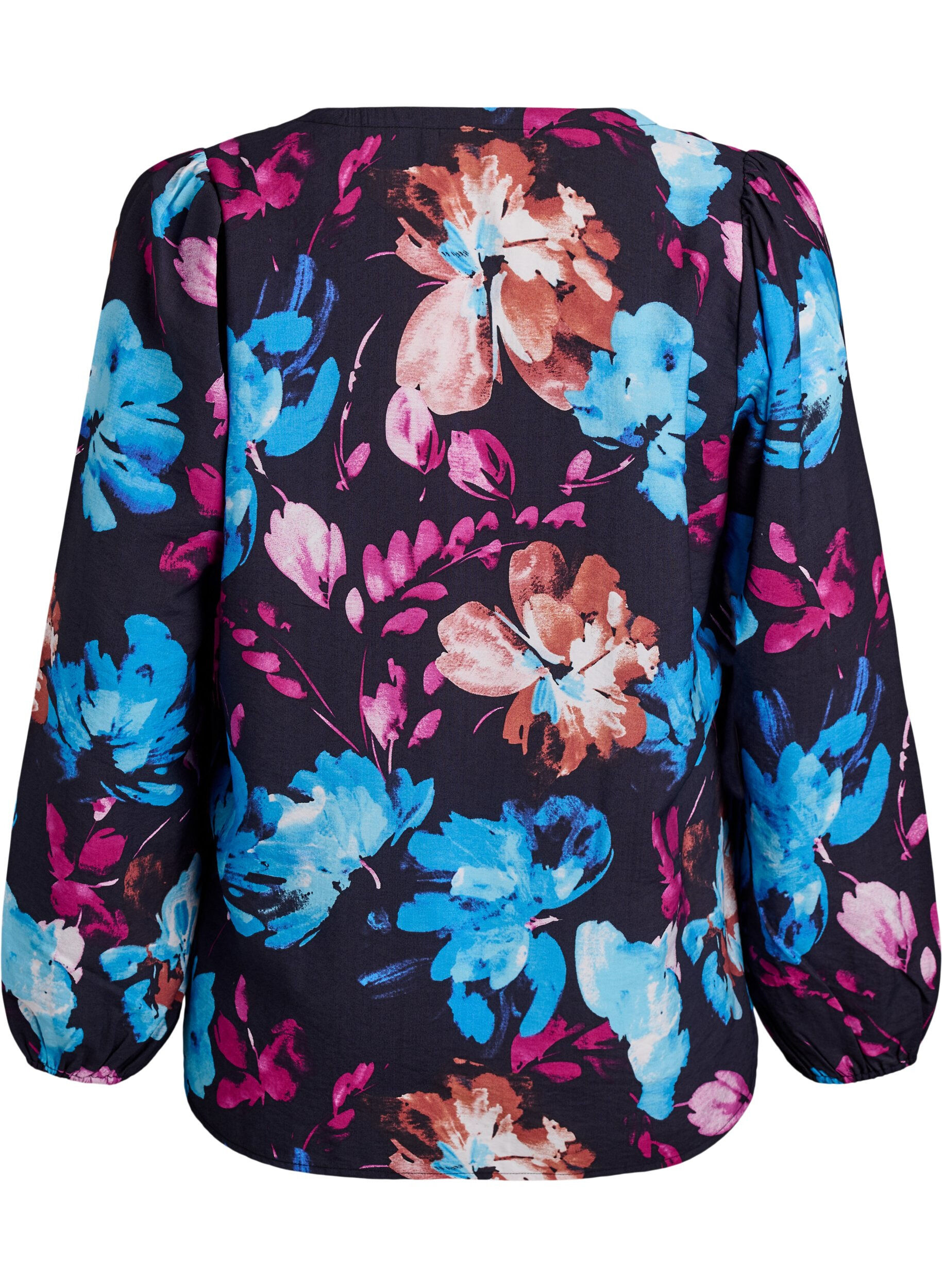 Zizzi Viskosebluse med blomsterprint og lange &aelig;rmer, Sort, Packshot image number 1