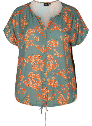 Kortærmet viskose bluse med blomsterprint, Balsam Green Flower, Packshot image number 0