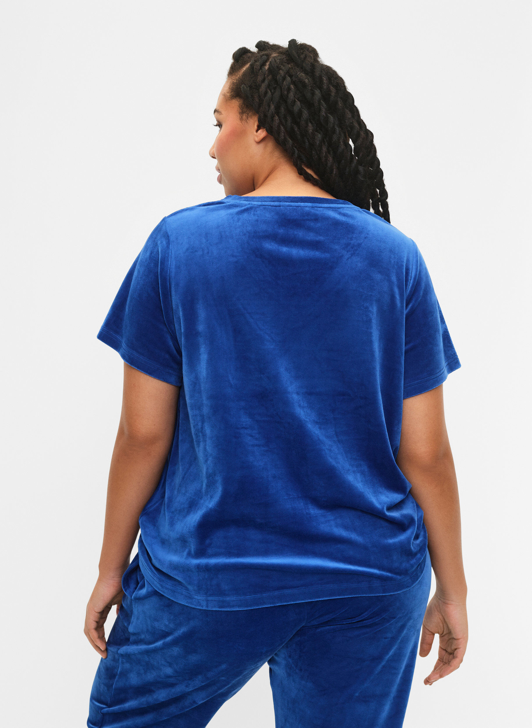 Zizzi T-shirt i velour med v-hals, Monaco Blue, Model image number 1