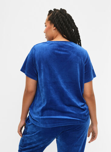 T-shirt i velour med v-hals, Monaco Blue, Model image number 1