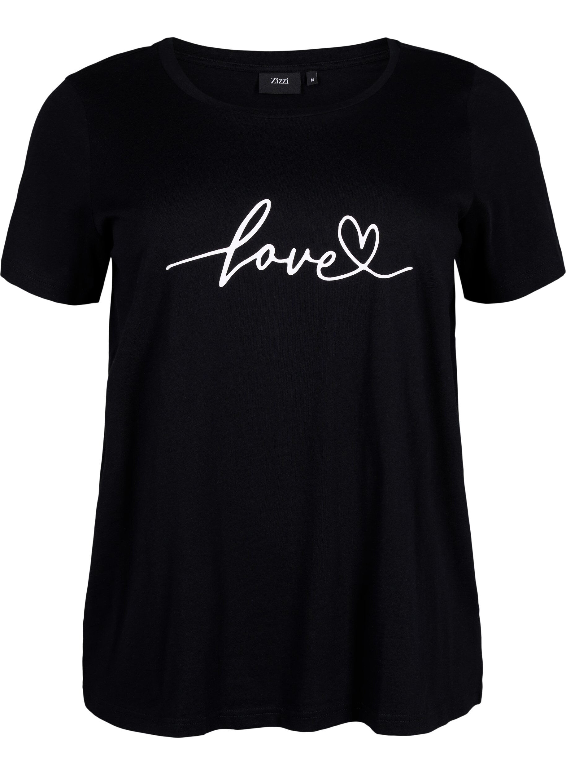 Zizzi T-shirt i bomuld med print og rund hals , Black W. Love, Packshot image number 0