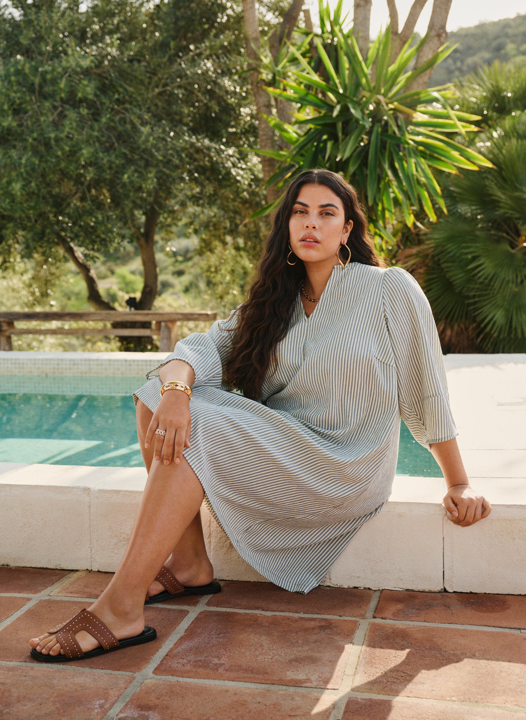 Zizzi Stribet kjole med 3/4 &aelig;rmer, Green Stripe, Image image number 0