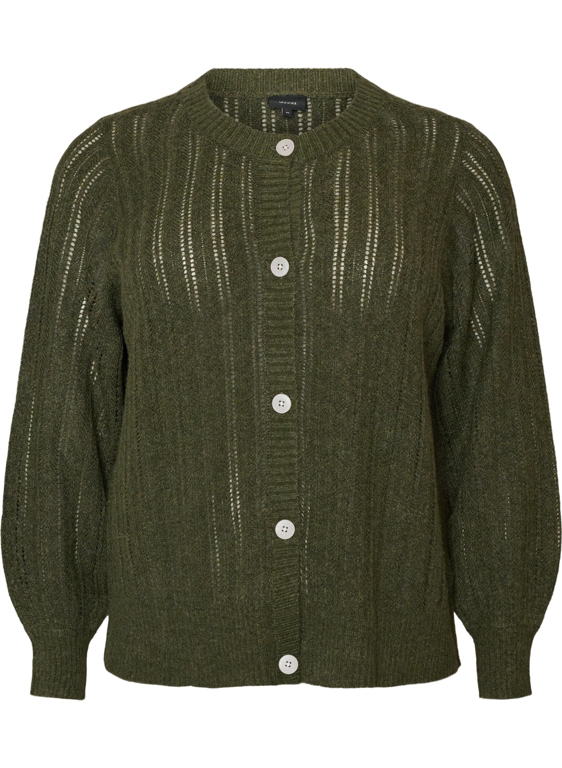 ZizziStrikket cardigan med hulm&oslash;nster, Gr&oslash;n, Packshot image number 0