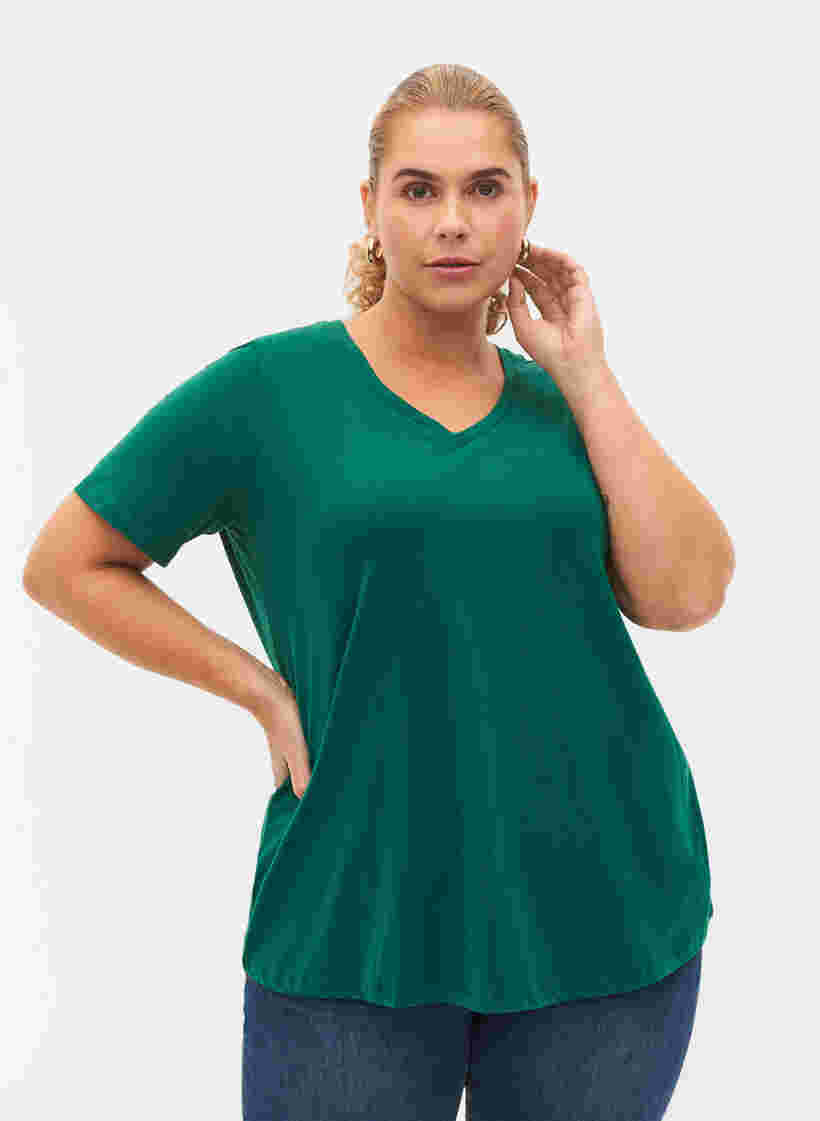 Ensfarvet basis t-shirt i bomuld, Evergreen, Model