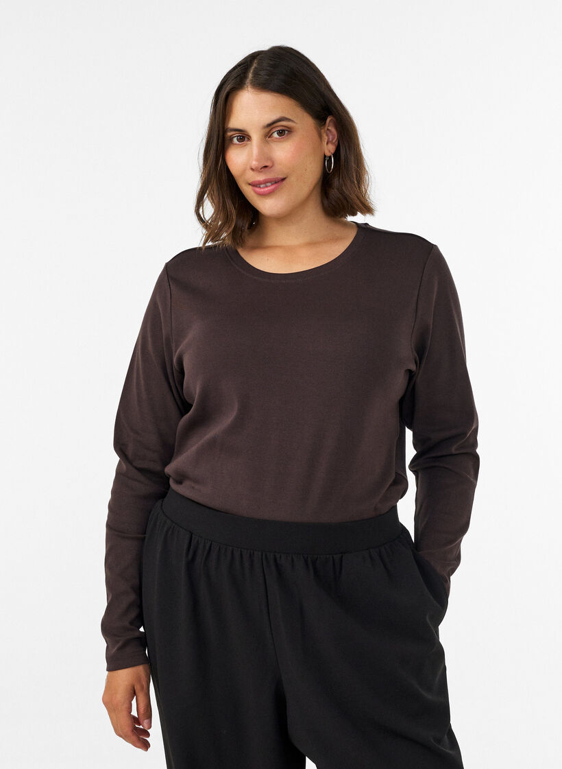 Lang&aelig;rmet basis T-shirt med rund hals, Brun, Model image number 0