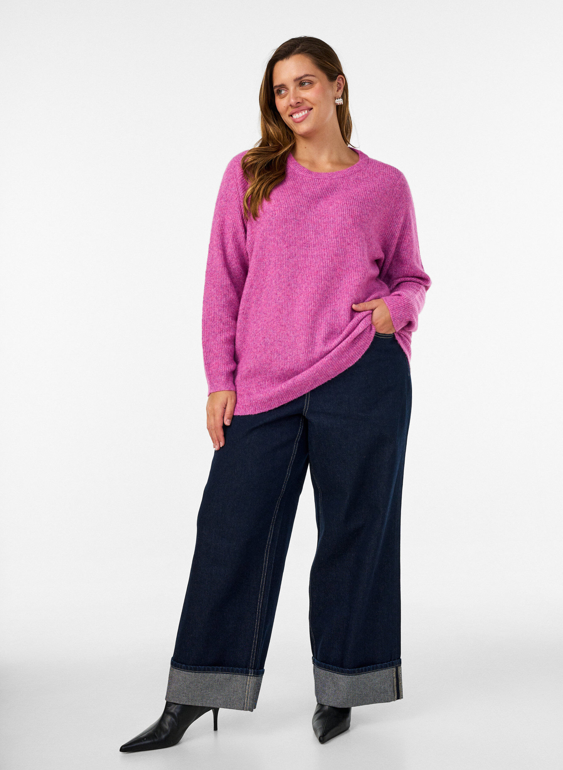 ZizziMeleret strikbluse med rund hals, Lilla, Model image number 1