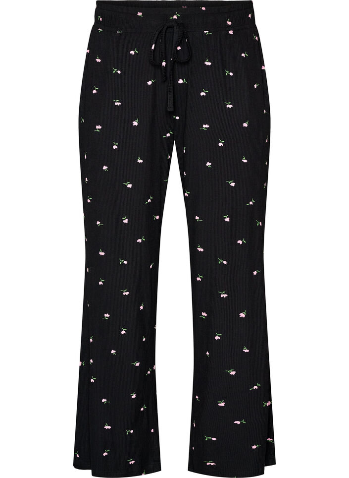 Pyjamasbukser med ribstruktur og blomsterprint, Sort, Packshot image number 0