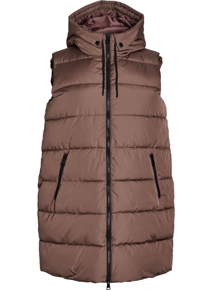 Lang vest med h&aelig;tte og lommer, Brun, Packshot image number 0