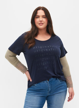 Bomulds t-shirt med tone-i-tone tryk, Navy Blazer, Model image number 0