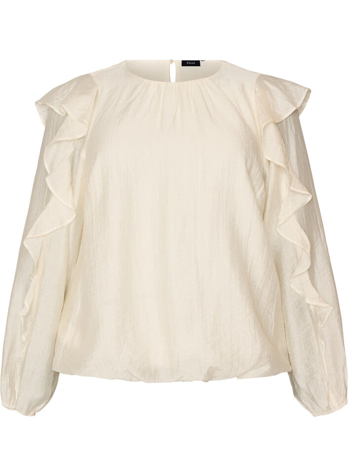 Bluse med fl&aelig;ser og ballonform, Vanilla, Packshot image number 0